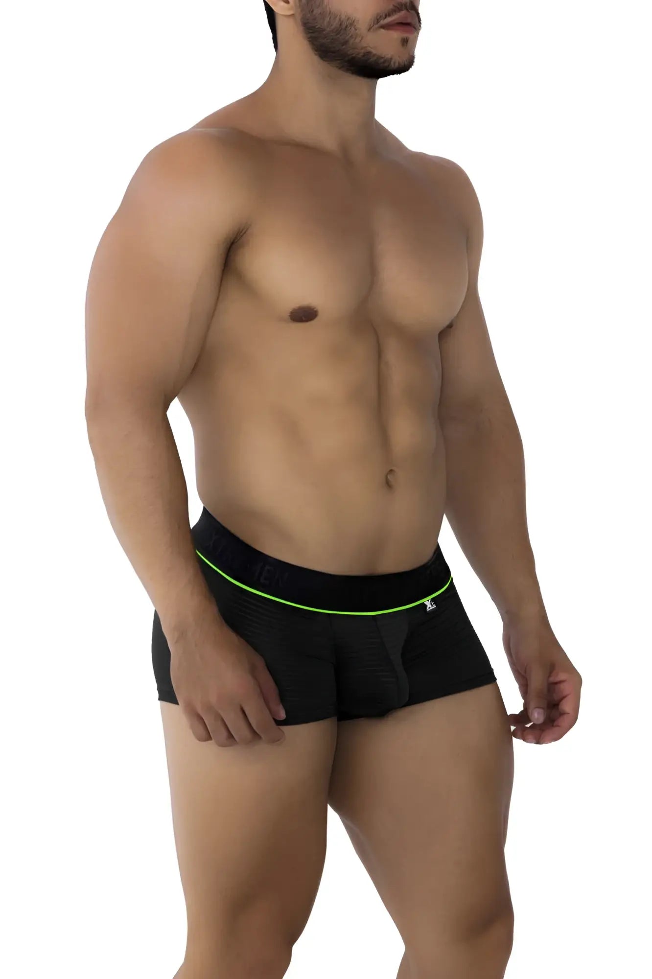 Black xtremen 91196 jacquard athletic briefs with neon green waistband trim and small white logo on the side