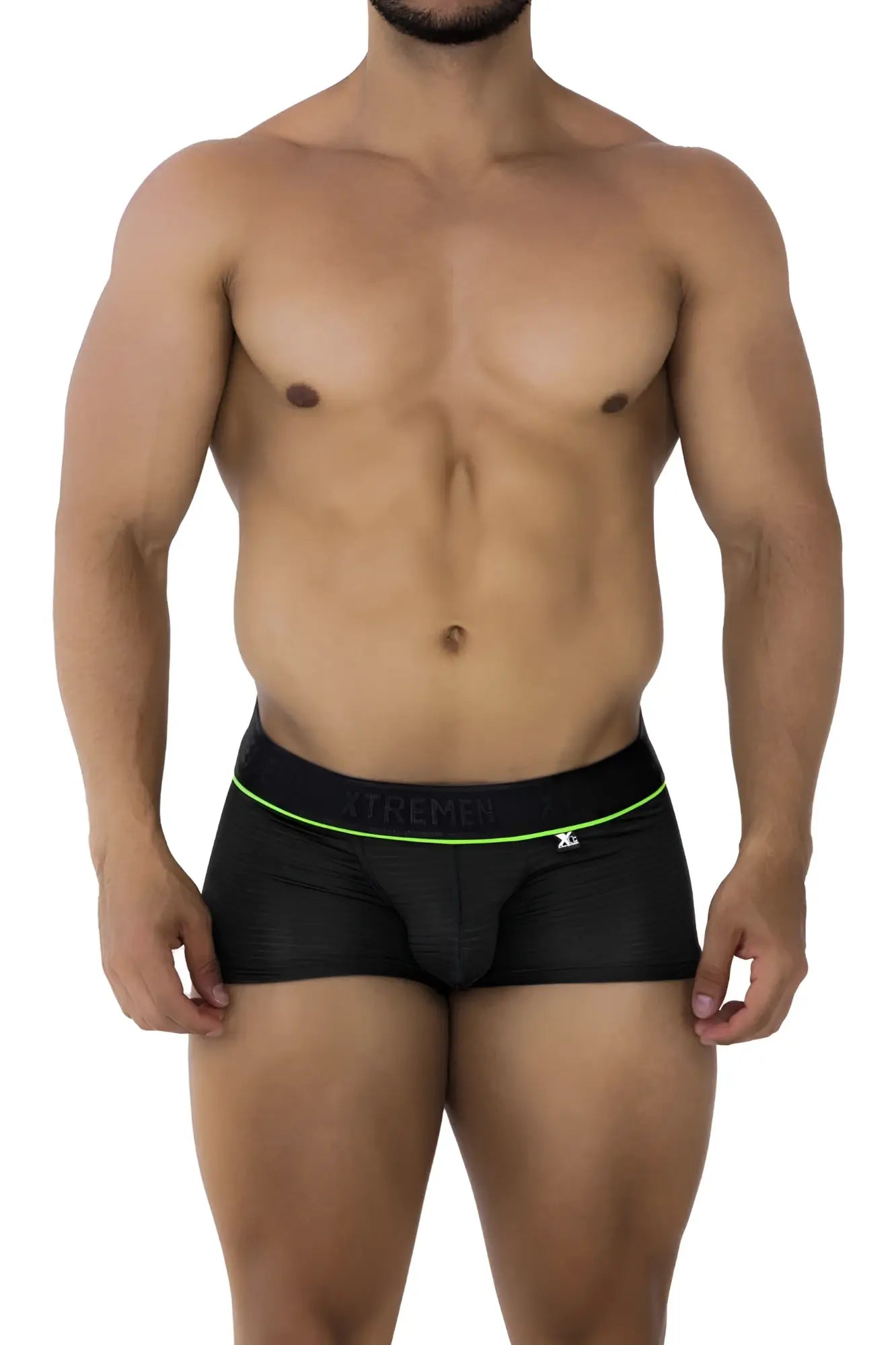 Black xtremen 91196 jacquard trunks with neon green trim and xtreme waistband detail in briefs style