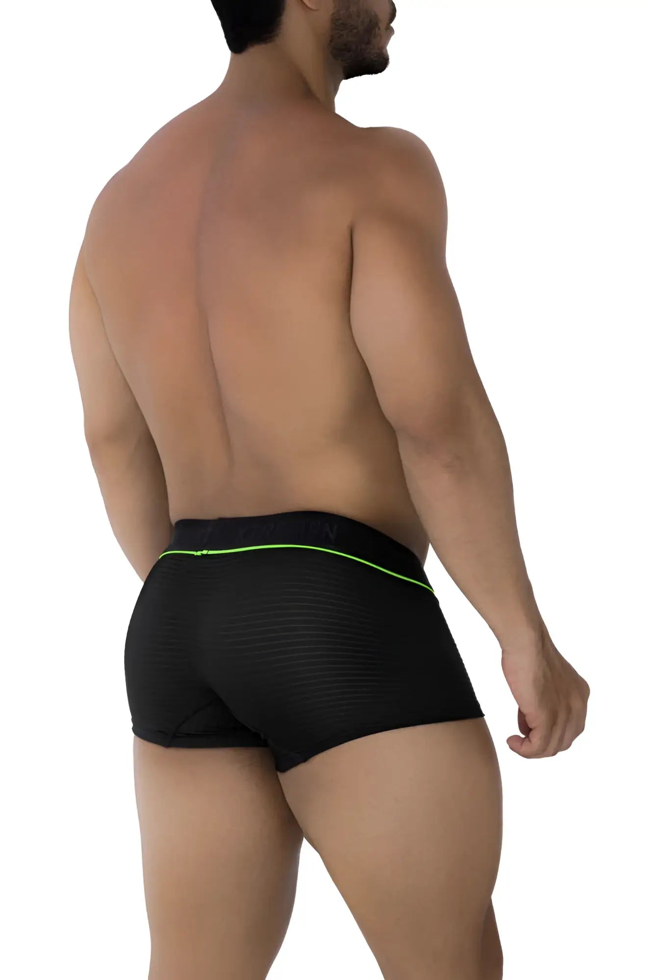 Black xtremen 91196 jacquard trunks with neon green waistband trim featuring textured fabric design
