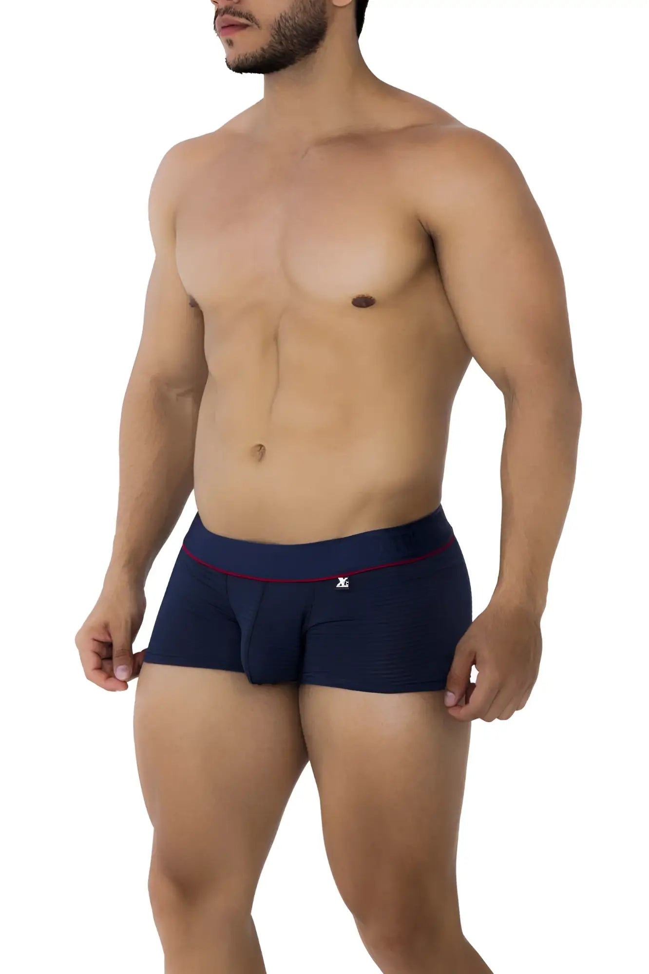 Navy blue Xtremen 91196 jacquard trunks with red trim and logo on the waistband showing front side