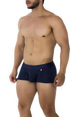 Navy blue Xtremen 91196 jacquard trunks with red trim and logo on the waistband showing front side