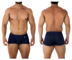 Navy blue xtremen 91196 jacquard trunks boxer briefs with red trim and small logo on waistband front view