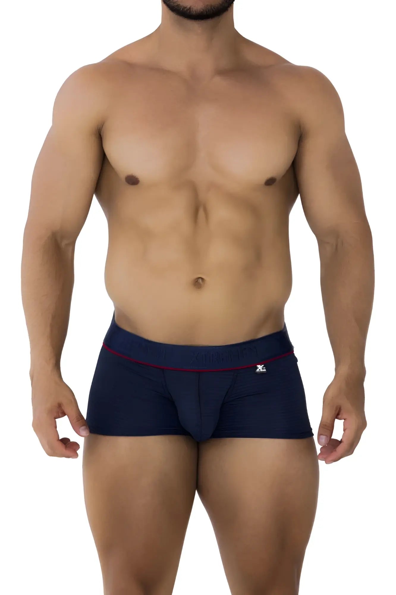Navy blue Xtremen 91196 jacquard trunks with red trim and small white logo on the waistband underwear briefs