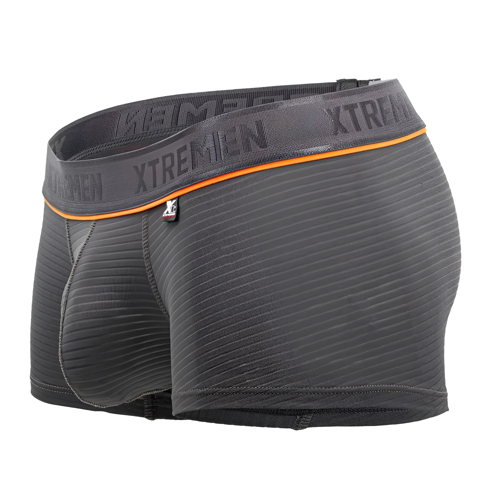 Dark gray textured jacquard fabric xtremen 91196 trunks with orange trim and xtremen branding on the waistband