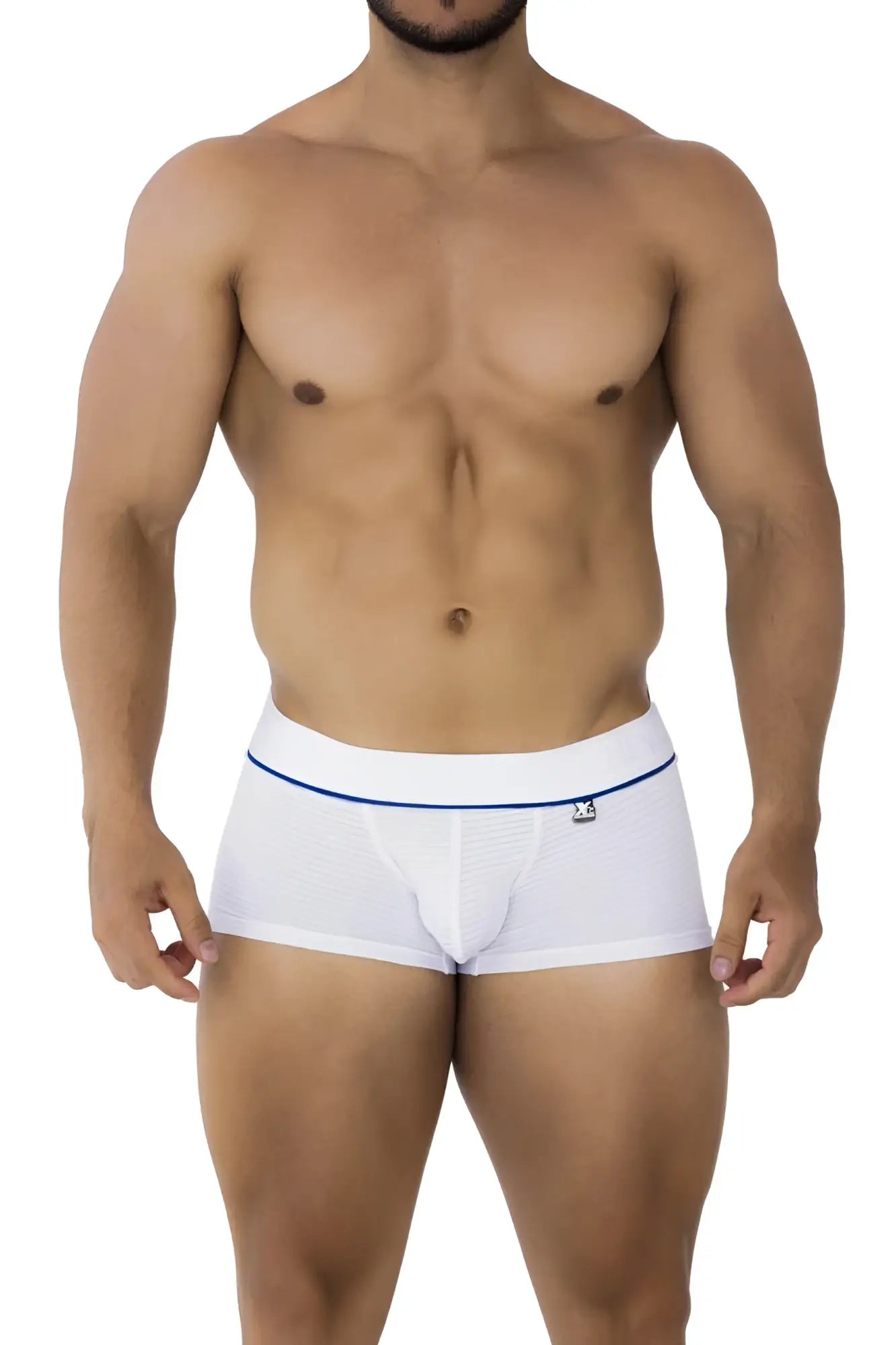 White xtremen 91196 jacquard men’s briefs with blue trim and logo on waistband in stretchy fabric