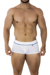 White xtremen 91196 jacquard men’s briefs with blue trim and logo on waistband in stretchy fabric