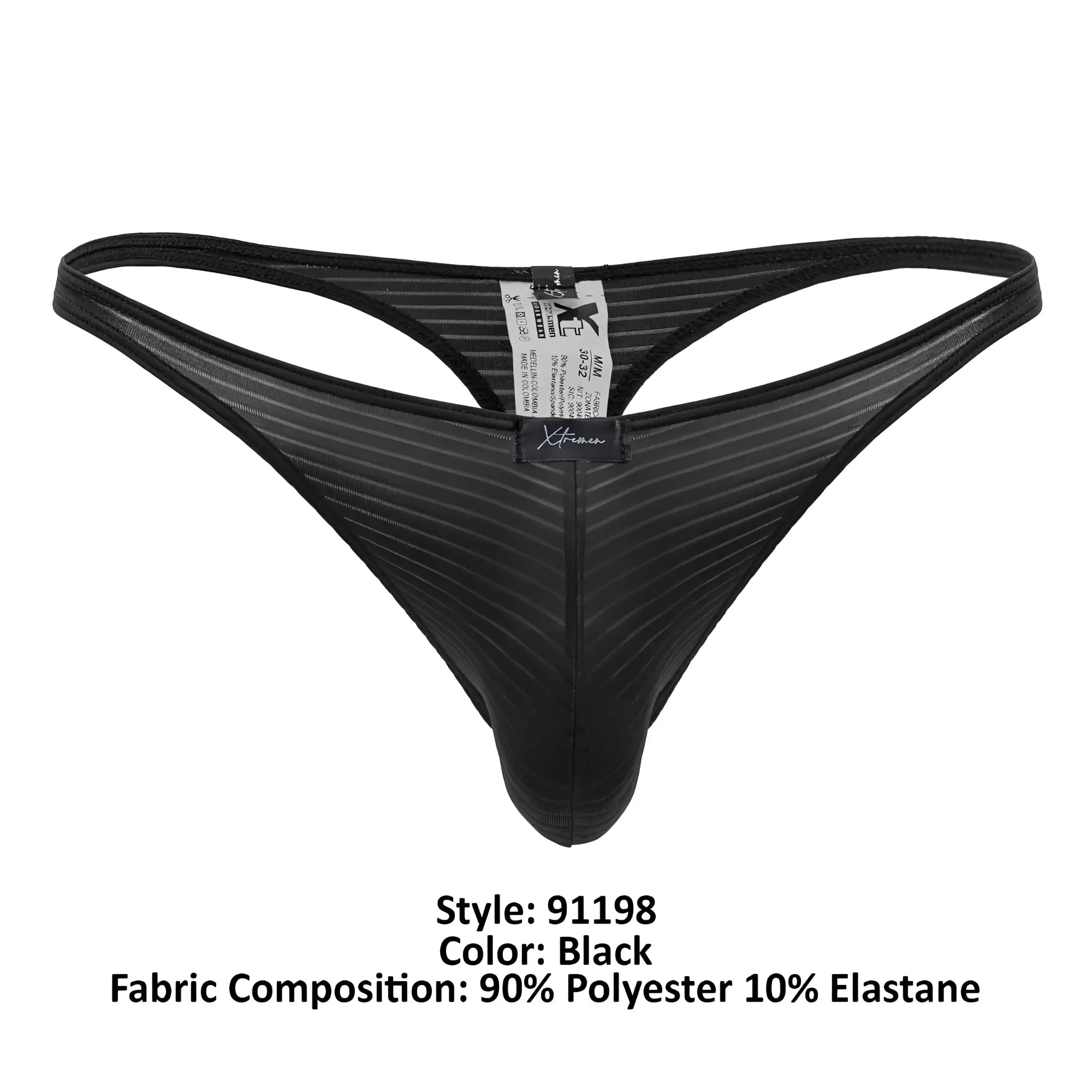 Black mesh Xtremen 91198 Jacquard thong with subtle ribbed texture and branded label at the center