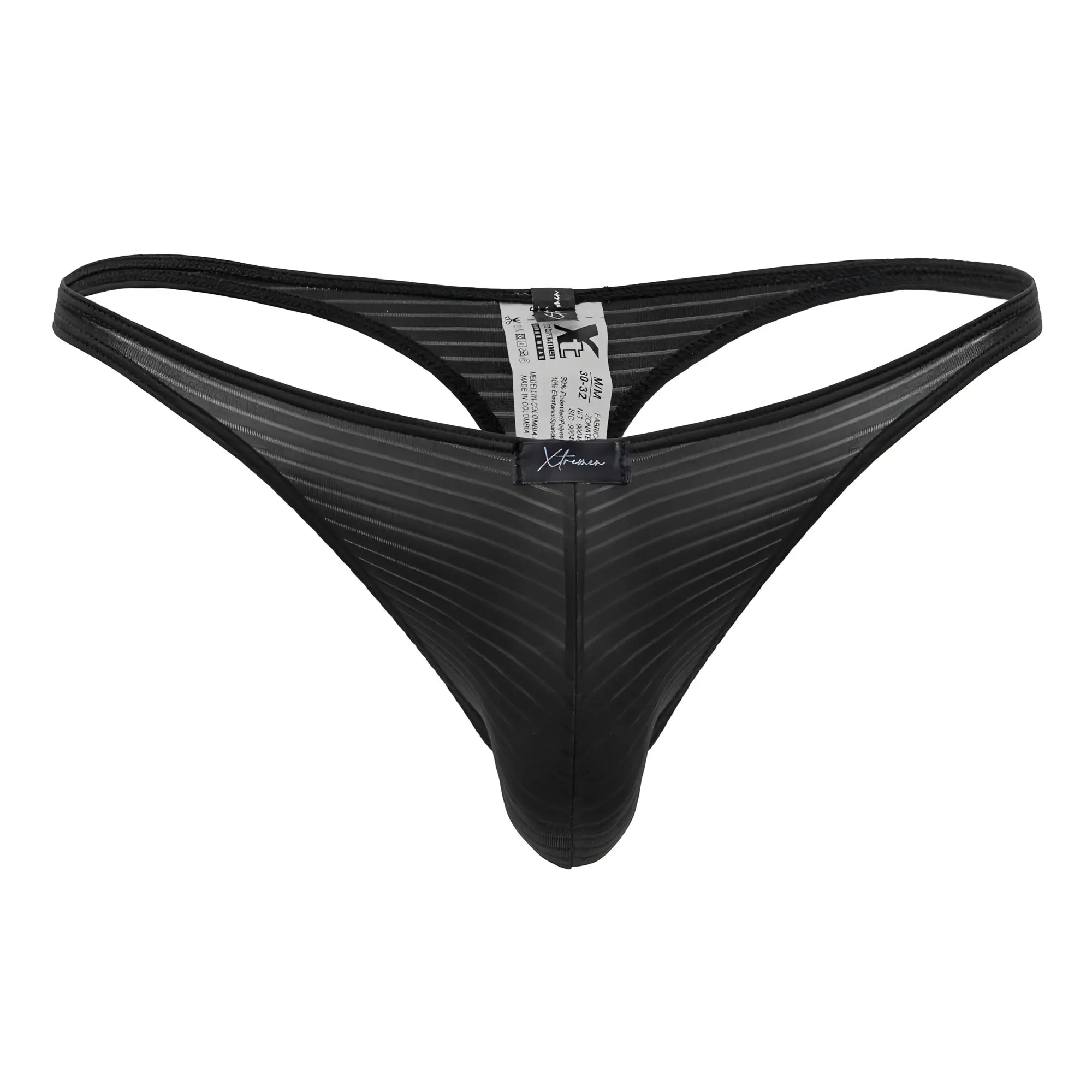 Black mesh thong with textured ribbed pattern and branded label at the back from Xtremen 91198 jacquard thongs