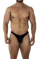Black Xtremen 91198 jacquard thong with a small logo on the front showing fabric texture and design details