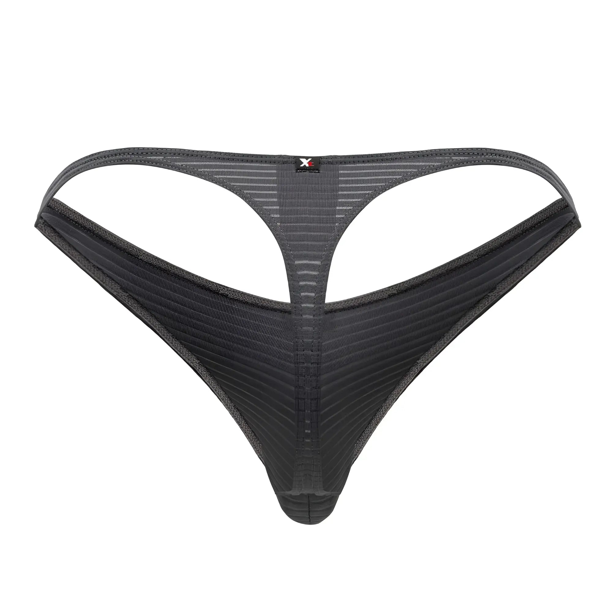 Back view of gray xtremen 91198 jacquard thong with black mesh ribbed texture and small red logo at center back