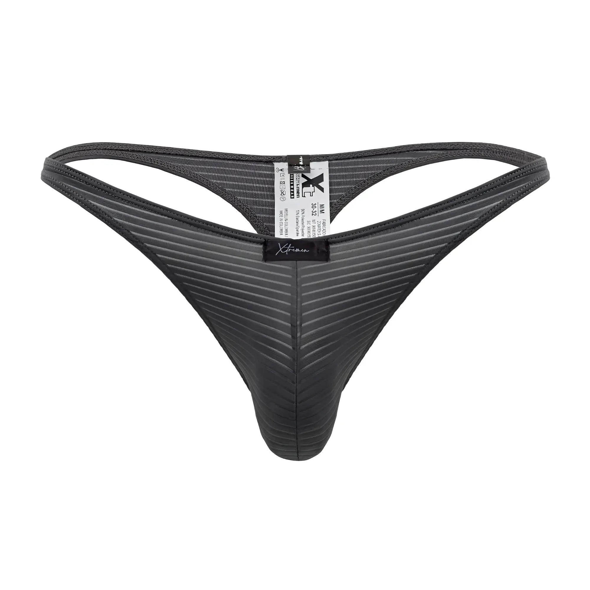 Black xtremen 91198 jacquard thong in gray with diagonal ribbing texture and branded label visible on front side