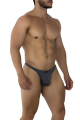 Dark gray form-fitting jacquard thong with a small black Xtremen brand tag at the waistband front side