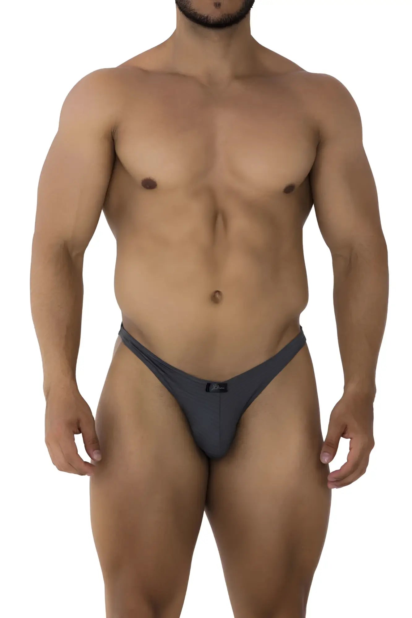 Dark gray xtremen 91198 jacquard form-fitting thong with a small black brand tag at the center back