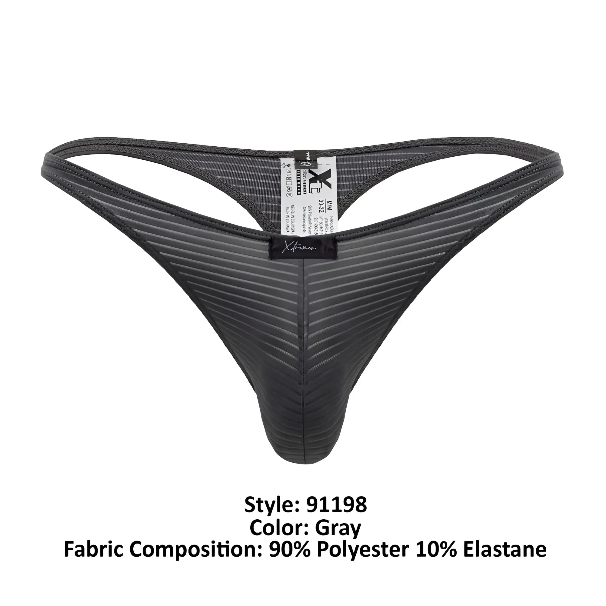 Gray xtremen 91198 jacquard thong with ribbed texture and black elastic waistband made from polyester and elastane