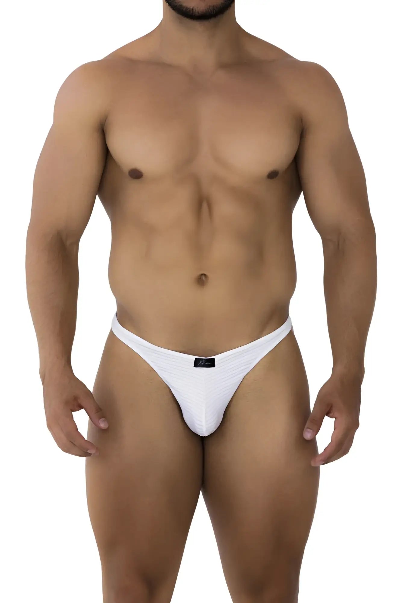 White men’s thong xtremen 91198 jacquard with small black brand tag on center waistband in white color