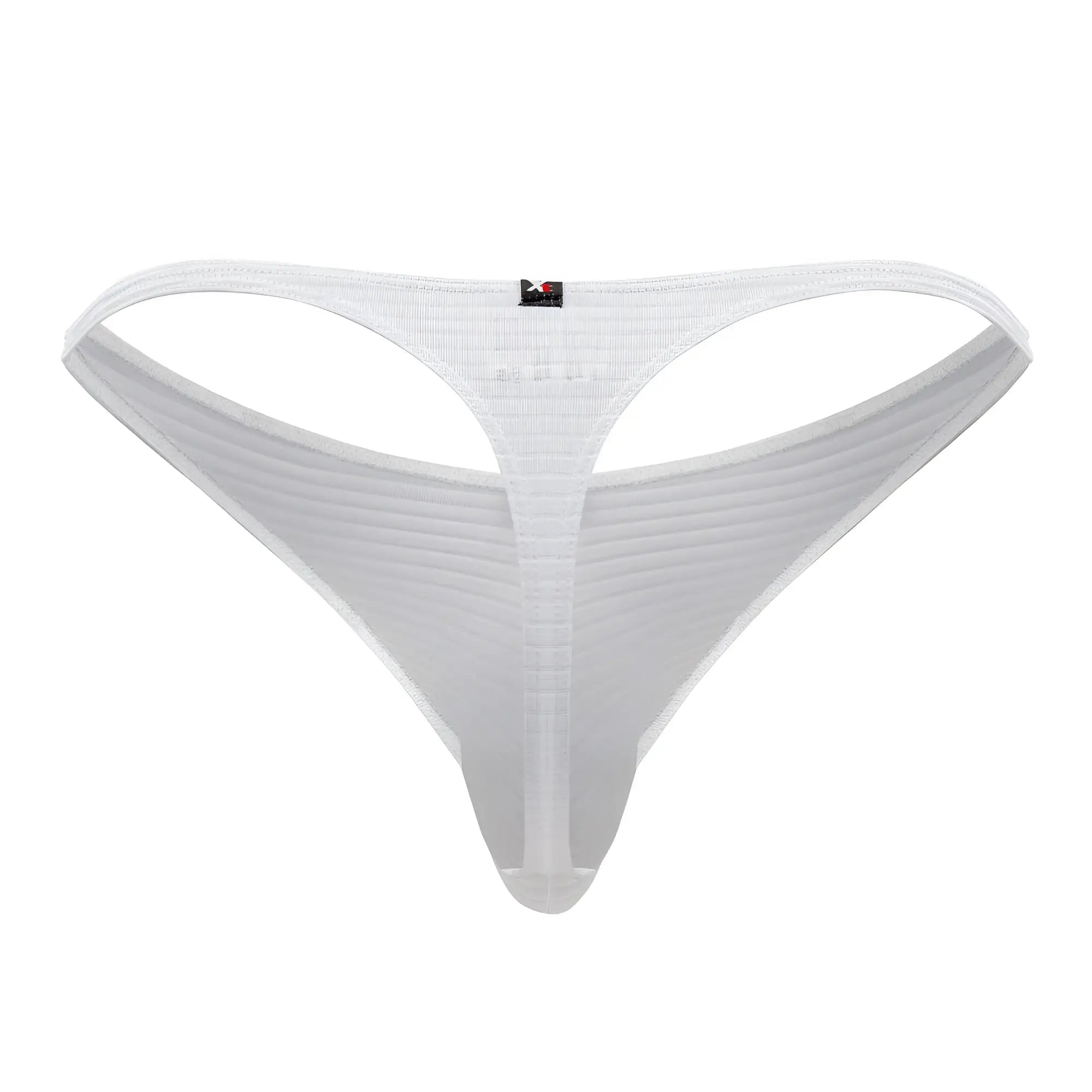 White xtremen 91198 jacquard thong back side with sheer ribbed mesh and small black logo tag