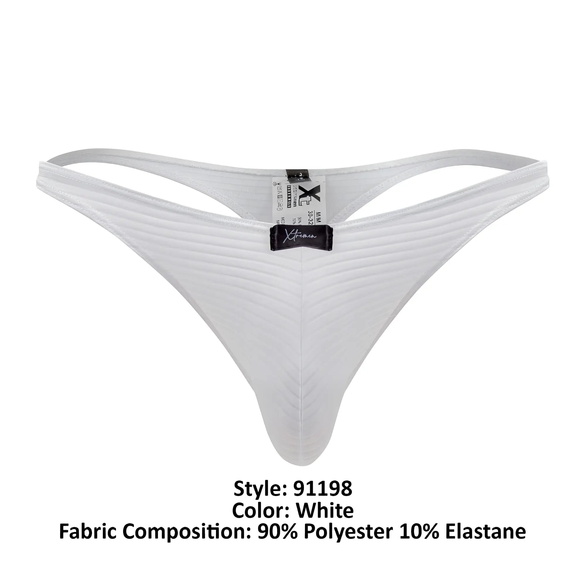 White xtremen 91198 jacquard thong backside with subtle ribbed texture and black brand tag at the back