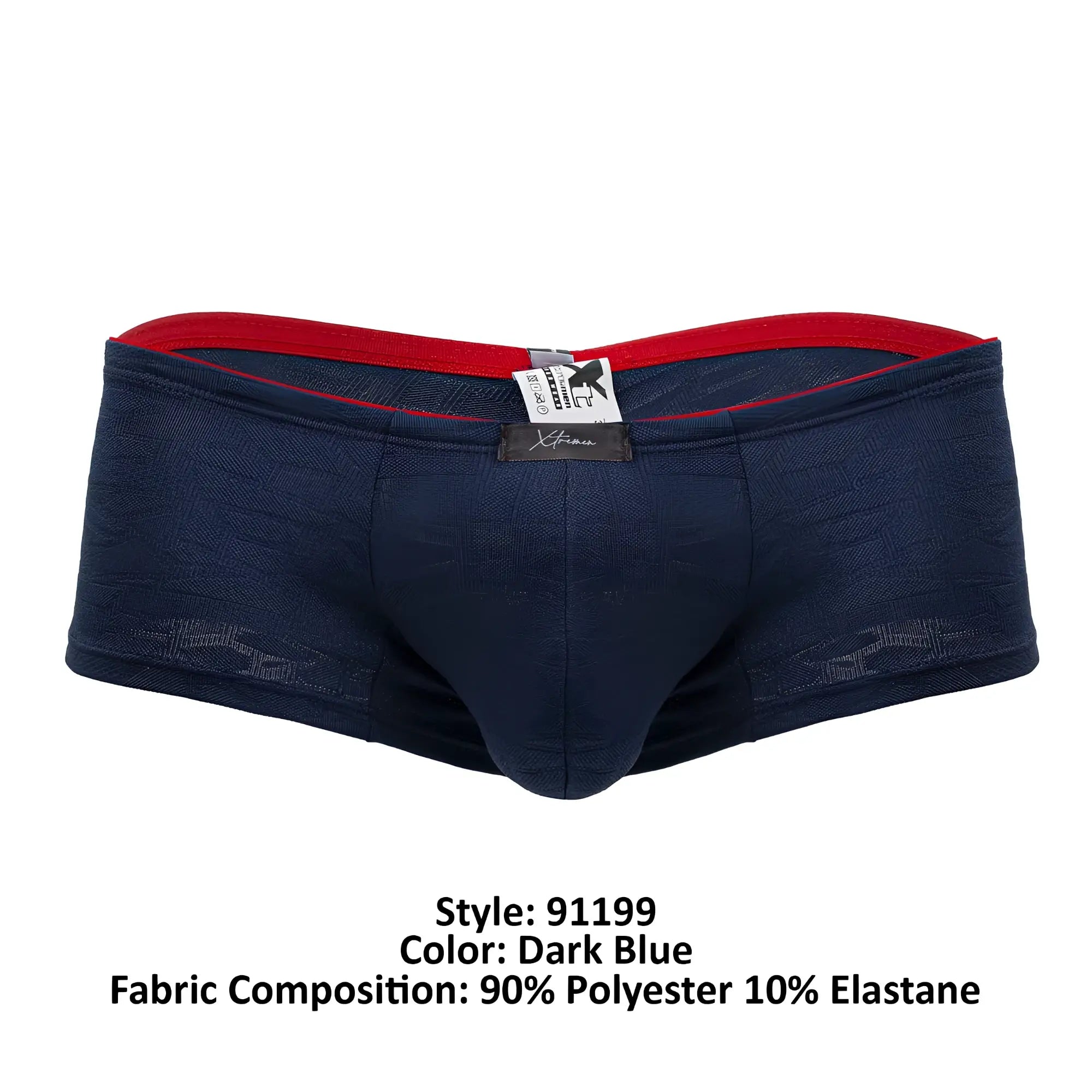Dark blue xtremen 91199 jacquard trunks with red inner waistband and textured pattern made from polyester and elastane