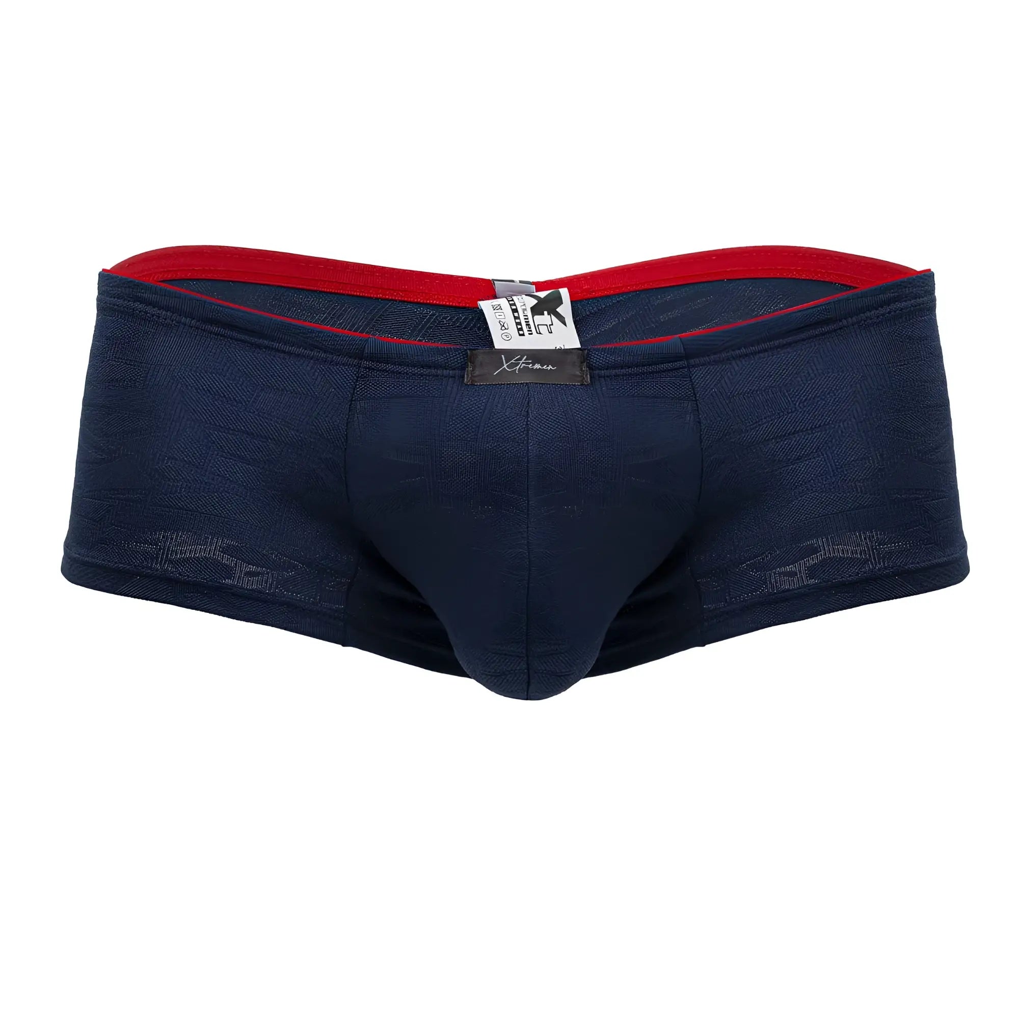 Navy blue textured Xtremen 91199 jacquard trunks with red inner waistband and black brand tag