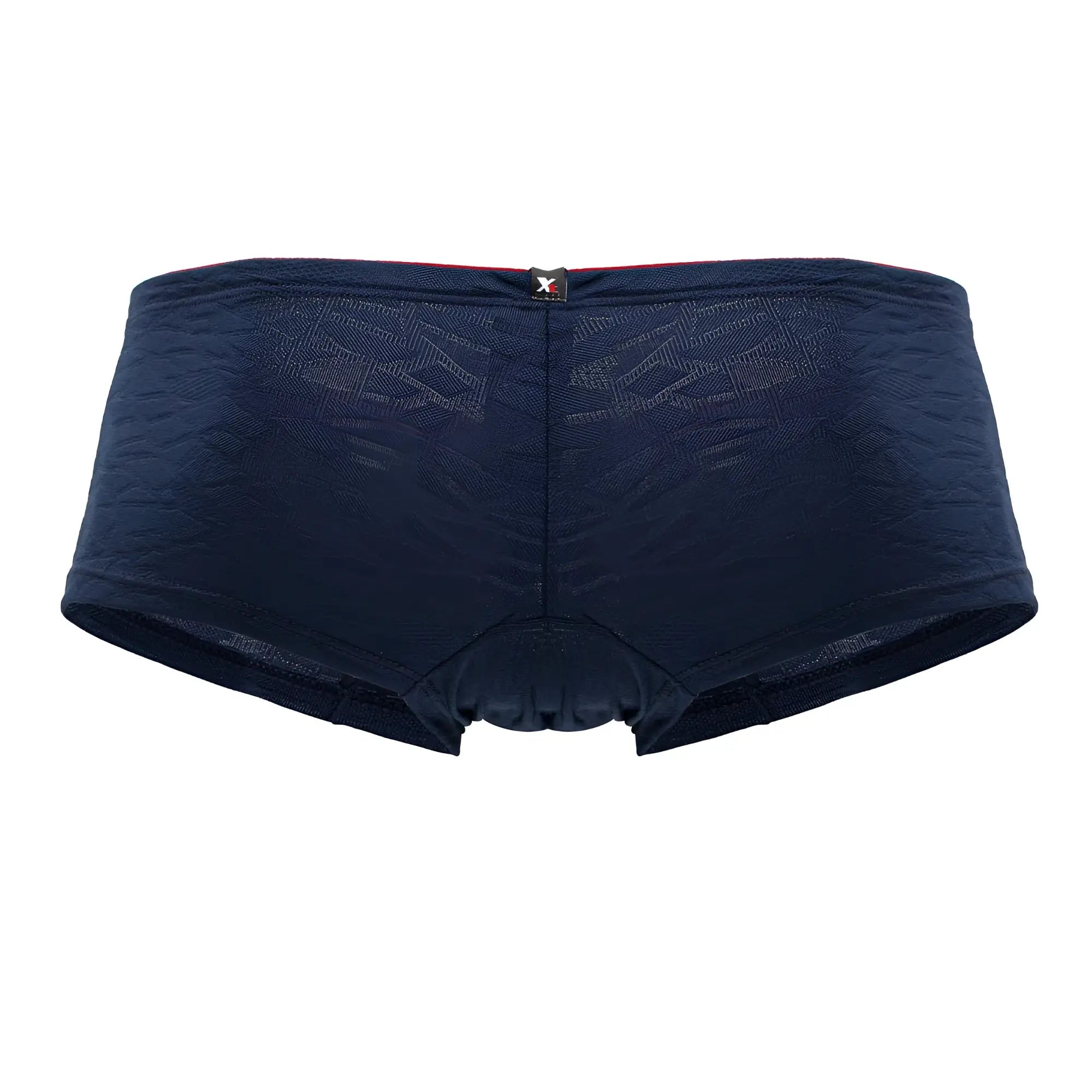 Dark blue xtremen 91199 jacquard trunks with subtle geometric pattern and red-trimmed waistband featuring x logo