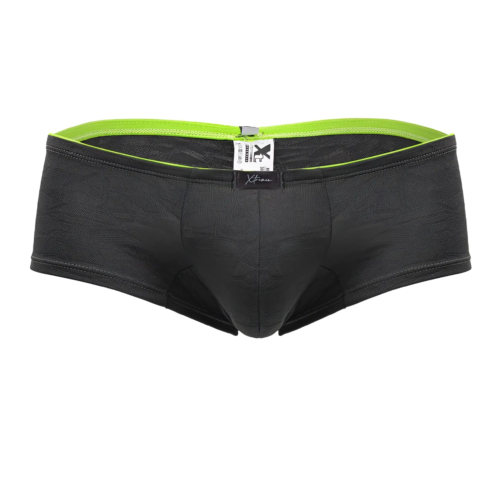 Xtremen 91199 jacquard trunks black textured briefs with neon green waistband and branded tag in gray color