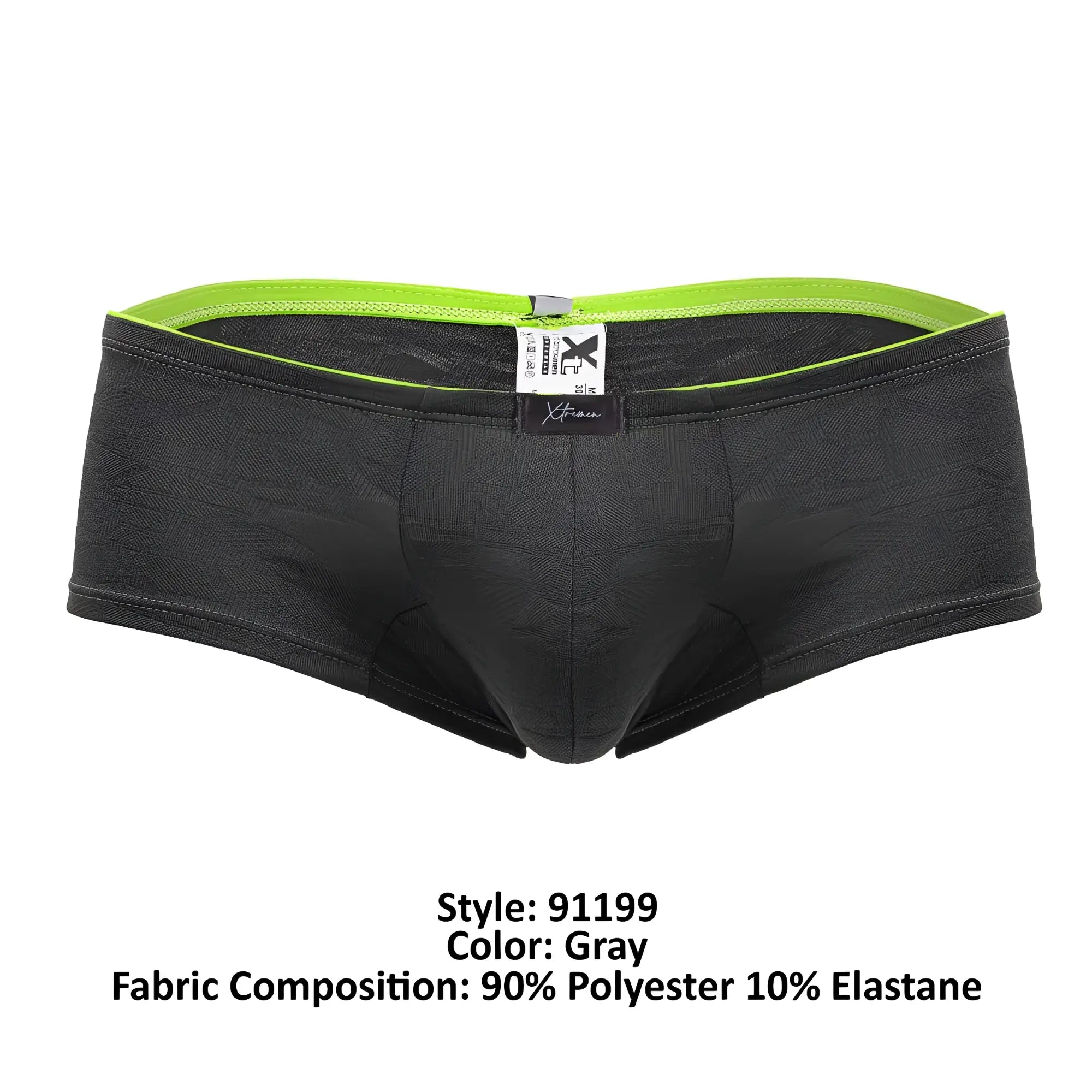 Xtremen 91199 jacquard trunks gray men’s briefs with neon green elastic waistband and subtle textured fabric