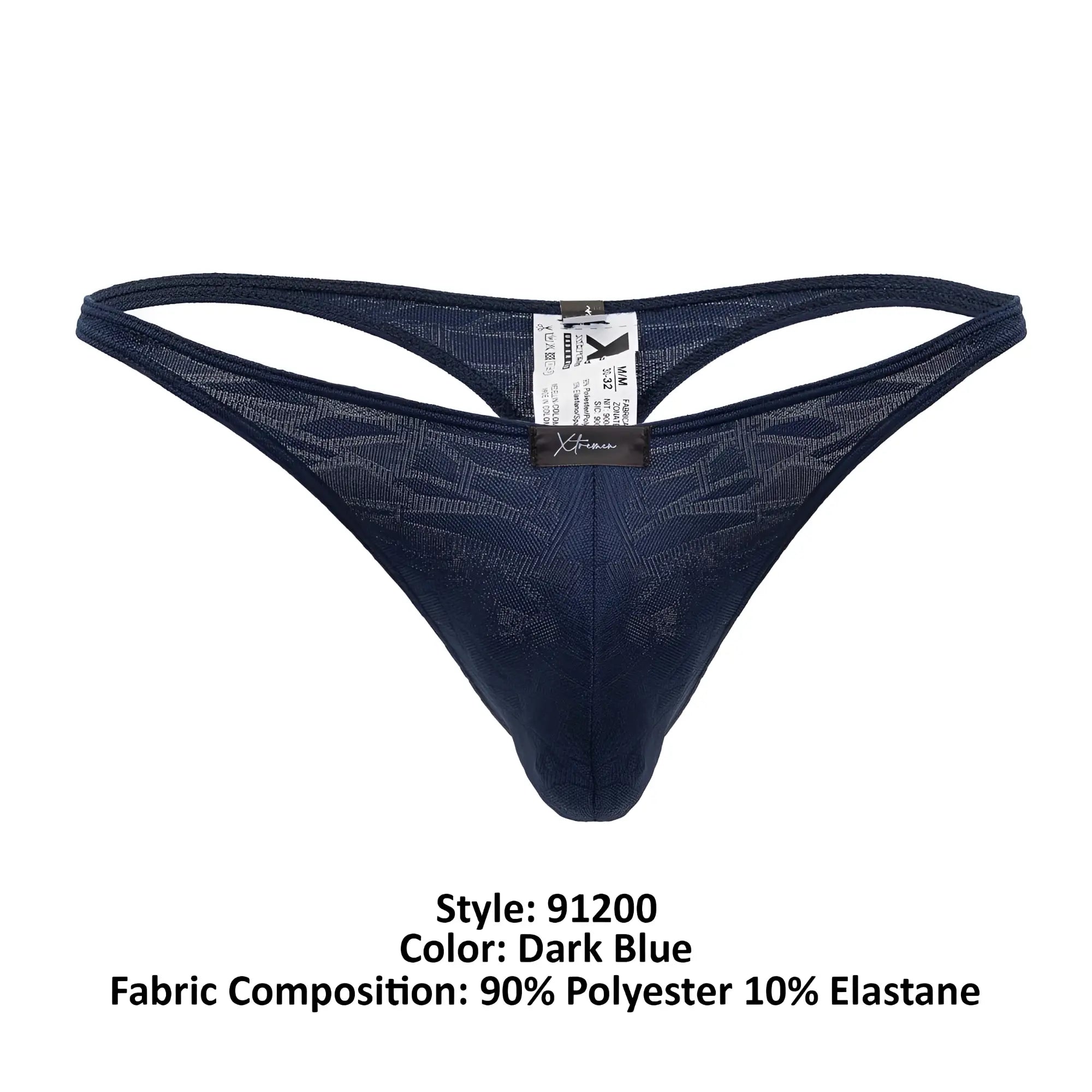 Dark blue Xtremen 91200 jacquard thong back side with lace fabric, subtle geometric pattern, and branded tag