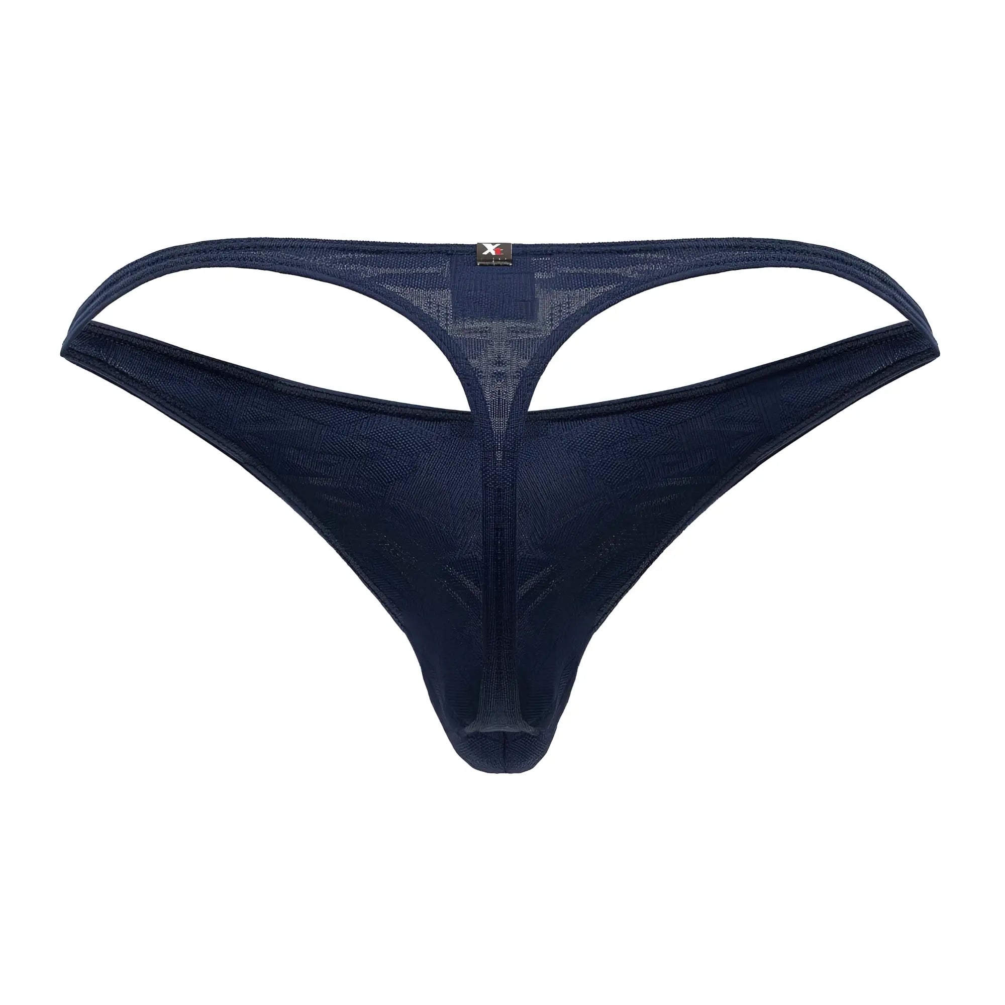 Dark blue mesh jacquard thong with central cutout and small Xtremen brand tag at the back side