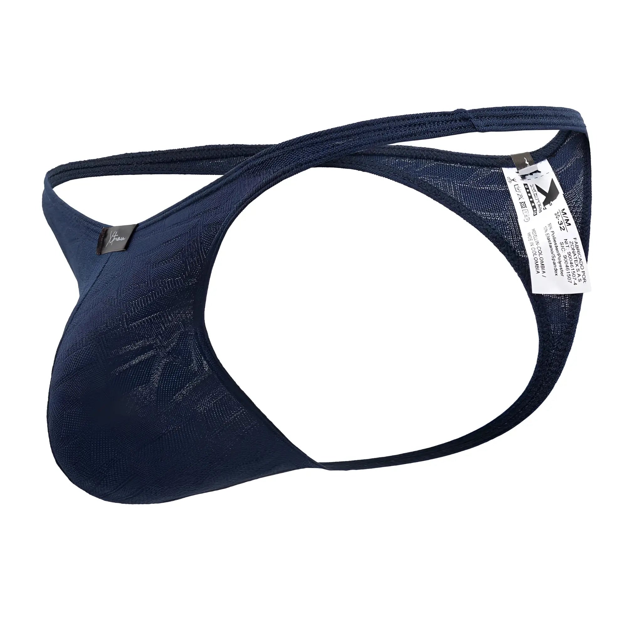 Navy blue mesh thong with supportive contoured design and branded tag from Xtremen 91200 Jacquard thongs collection