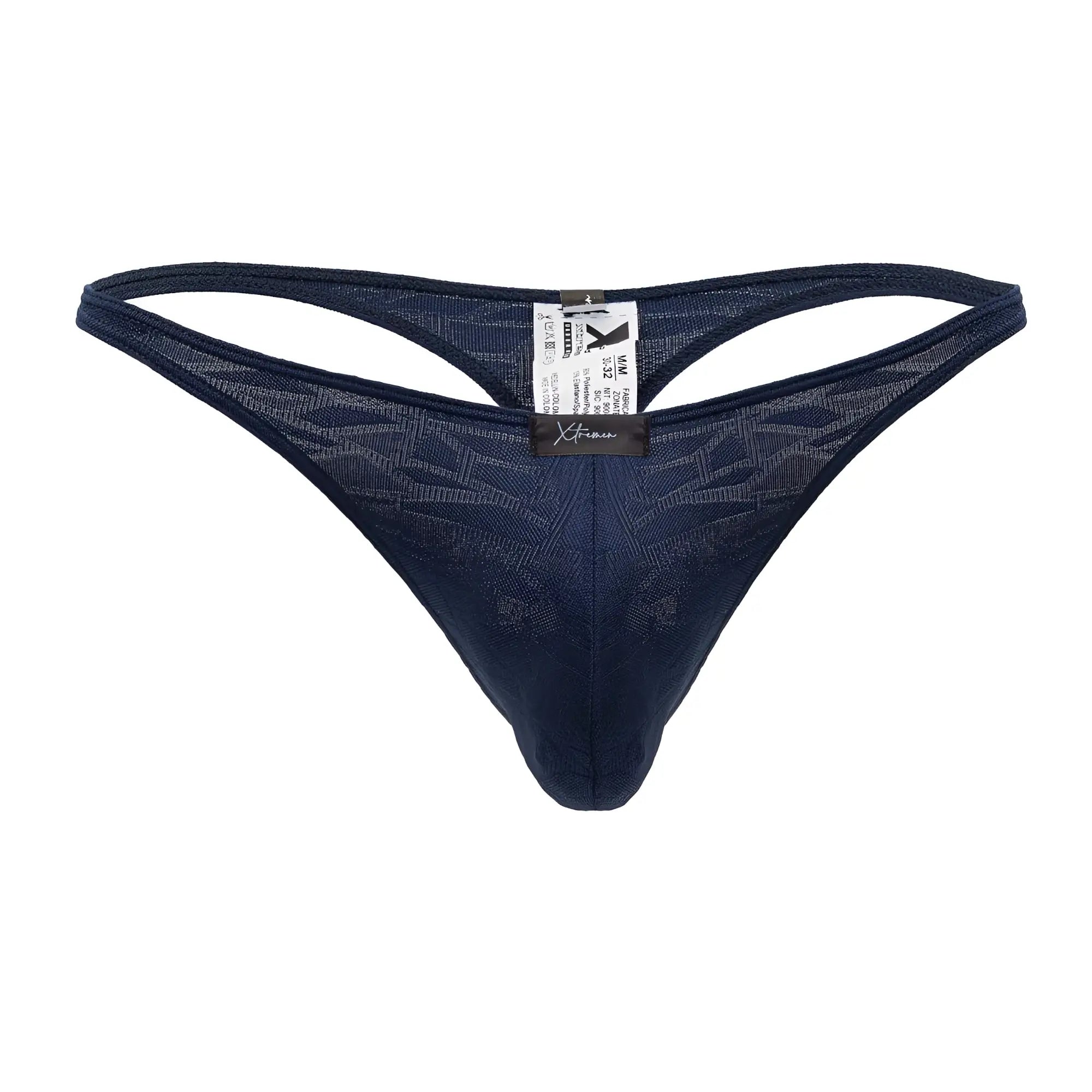 Dark blue xtremen 91200 jacquard thong back view made of sheer mesh with subtle geometric pattern and branded tag