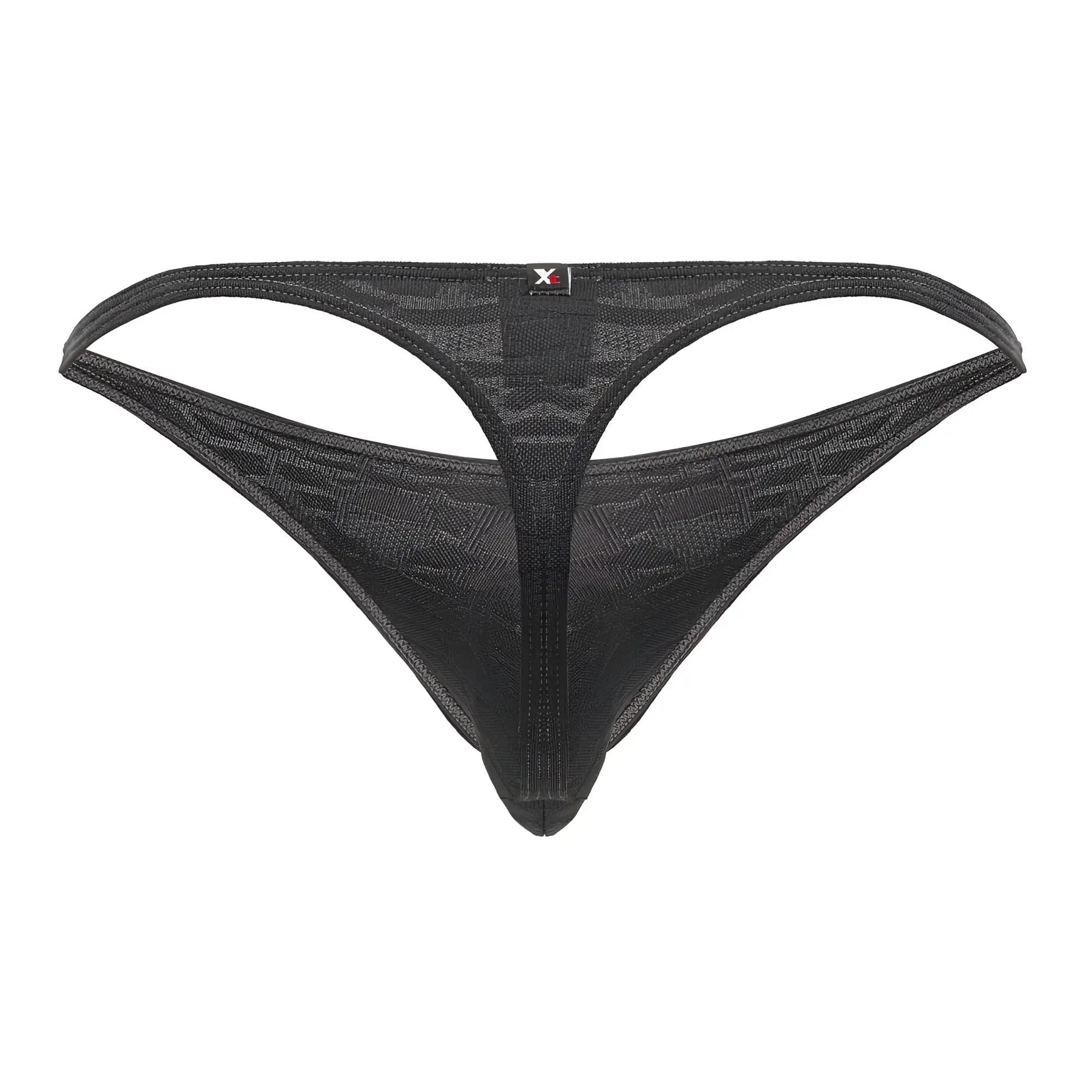 Gray xtremen 91200 jacquard thong made of black mesh with subtle geometric pattern and small red logo on waistband