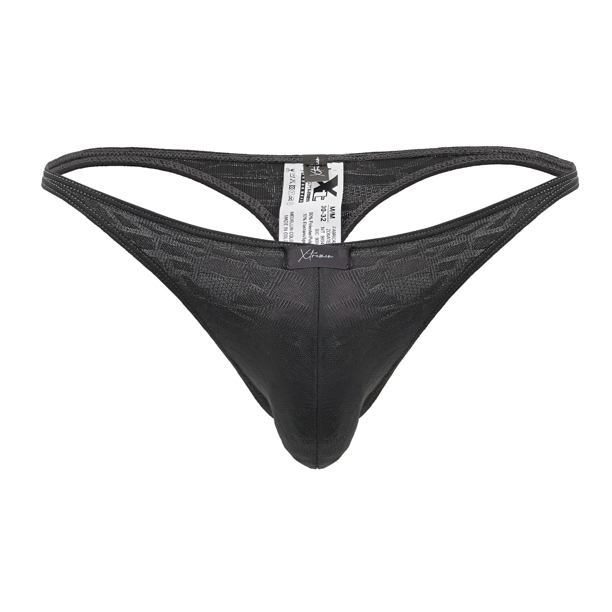 Black textured mesh xtremen 91200 jacquard thong in gray showing back side with branded tag