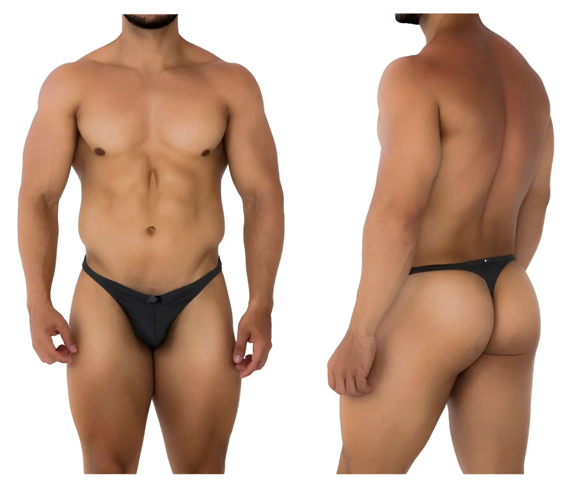 Black xtremen 91200 jacquard thong with gray fabric and small metallic clasp at the front