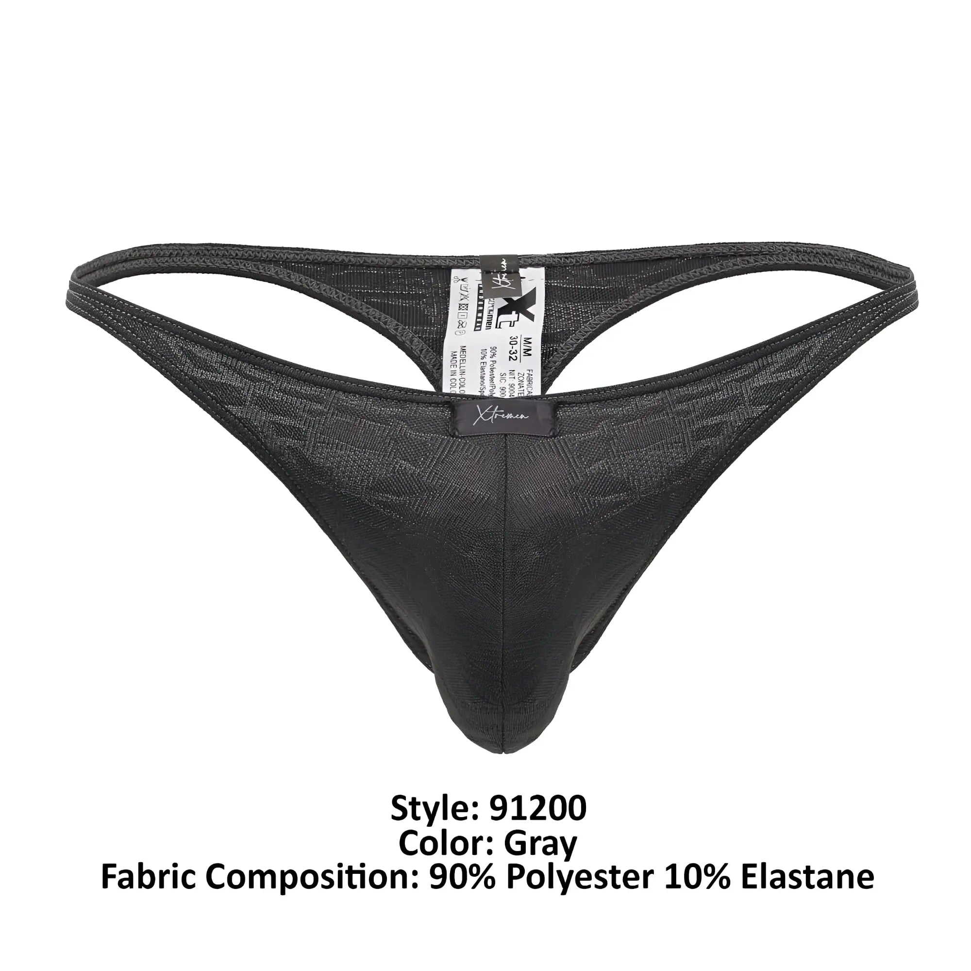 Gray xtremen 91200 jacquard thong with subtle textured pattern made of 90 polyester and 10 elastane