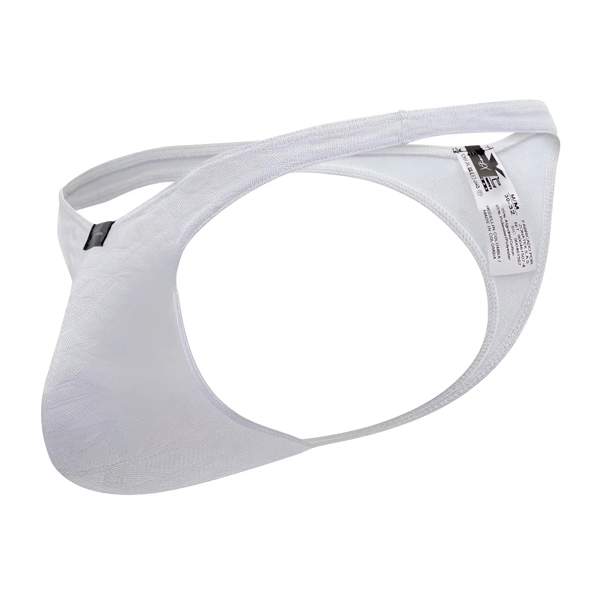 White xtremen 91200 jacquard men’s thong with lace trim textured pattern and adjustable straps