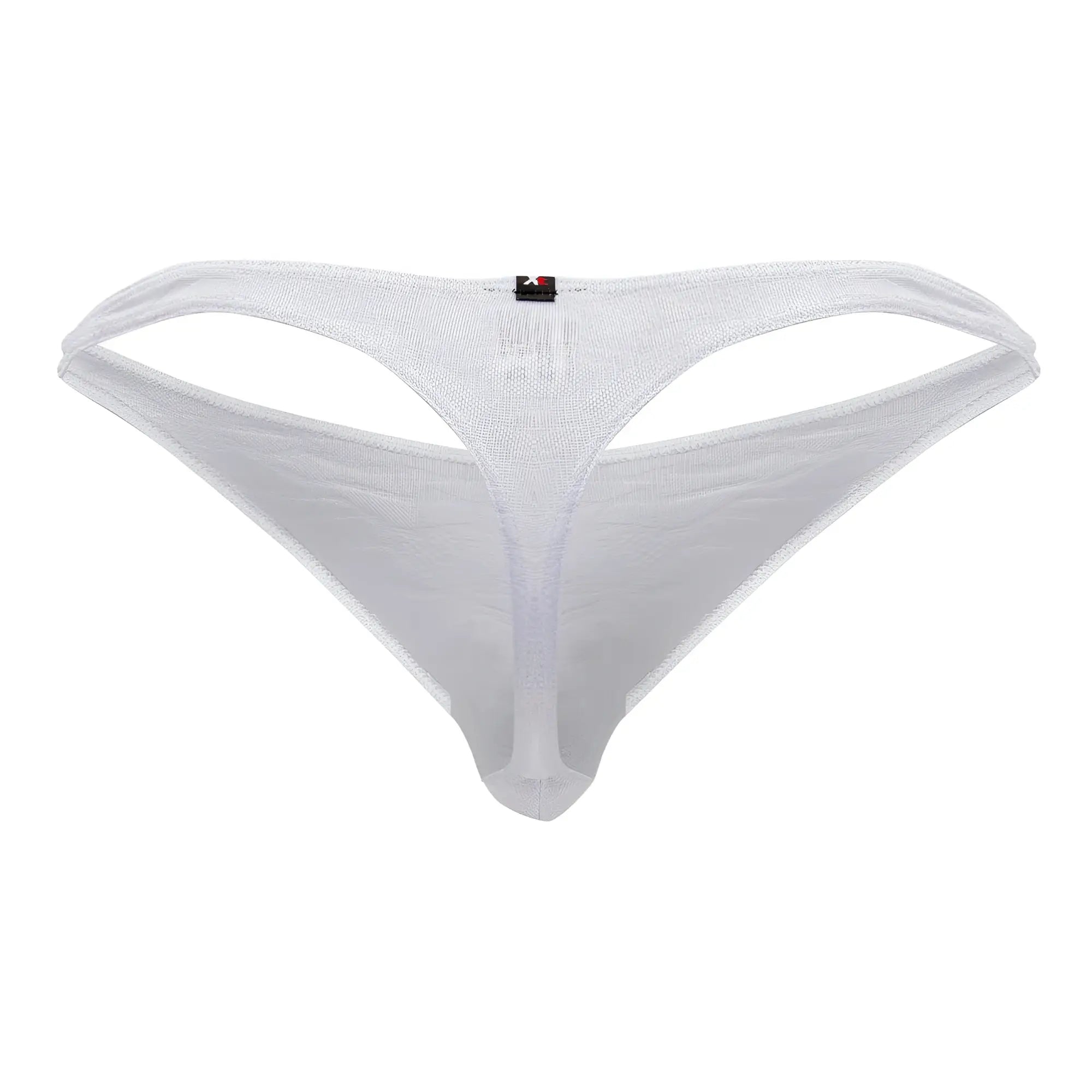 White xtremen 91200 jacquard mesh thong with subtle shimmer and small black brand tag visible on the back side