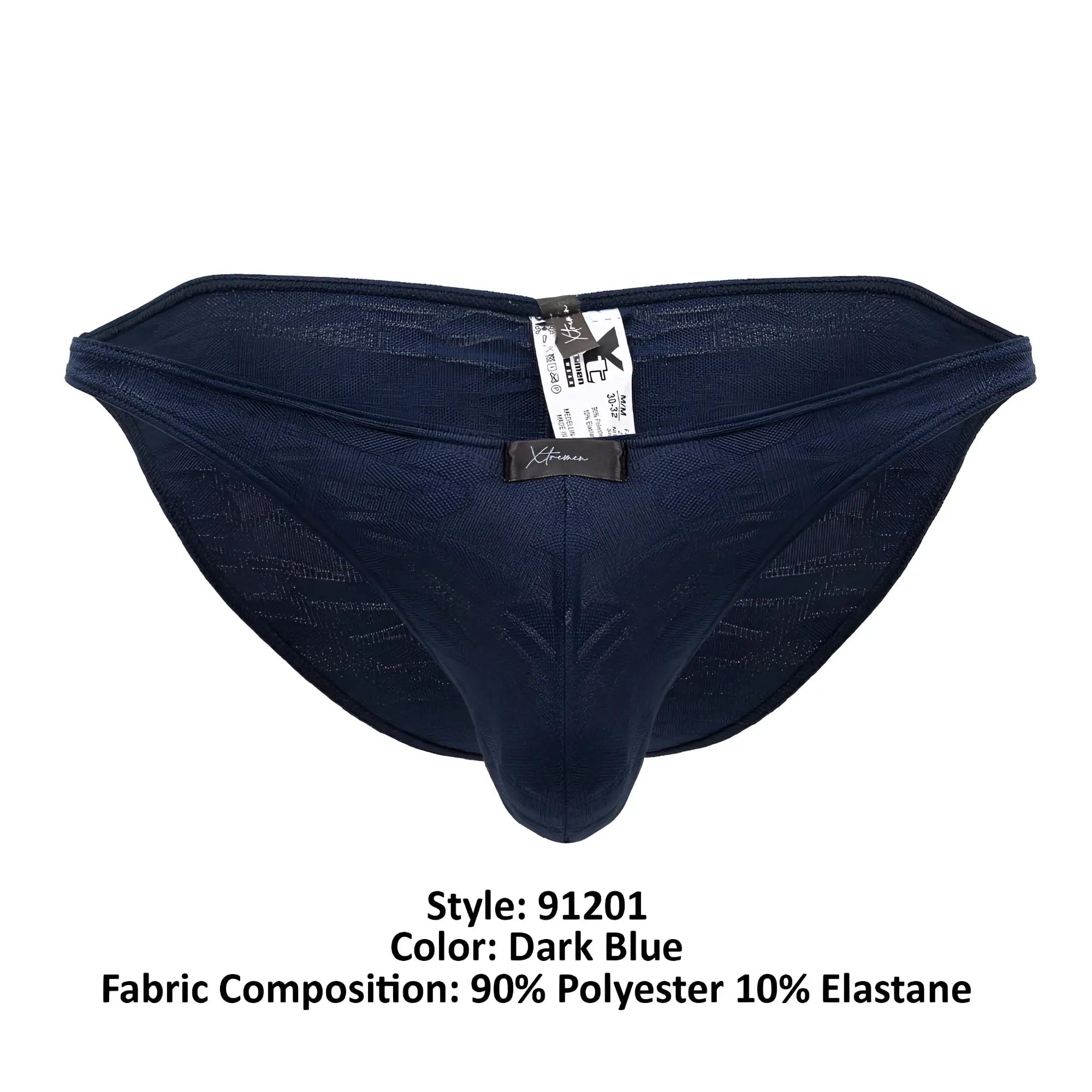 Dark blue xtremen 91201 jacquard bikini men’s briefs made of 90% polyester and 10% elastane with textured fabric