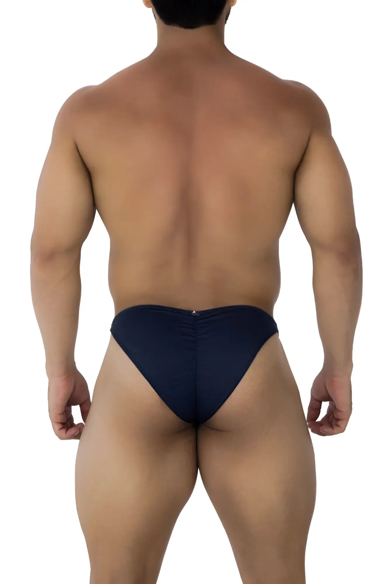 Navy blue xtremen 91201 jacquard bikini briefs with a central back zipper showing the back side of the product