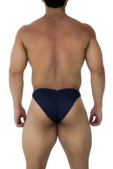Navy blue xtremen 91201 jacquard bikini briefs with a central back zipper showing the back side of the product