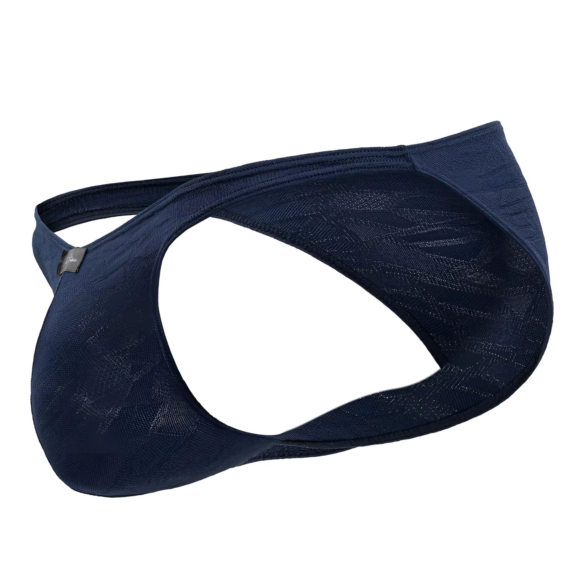 Navy blue xtremen 91201 jacquard bikini jockstrap with textured fabric and subtle geometric pattern front view