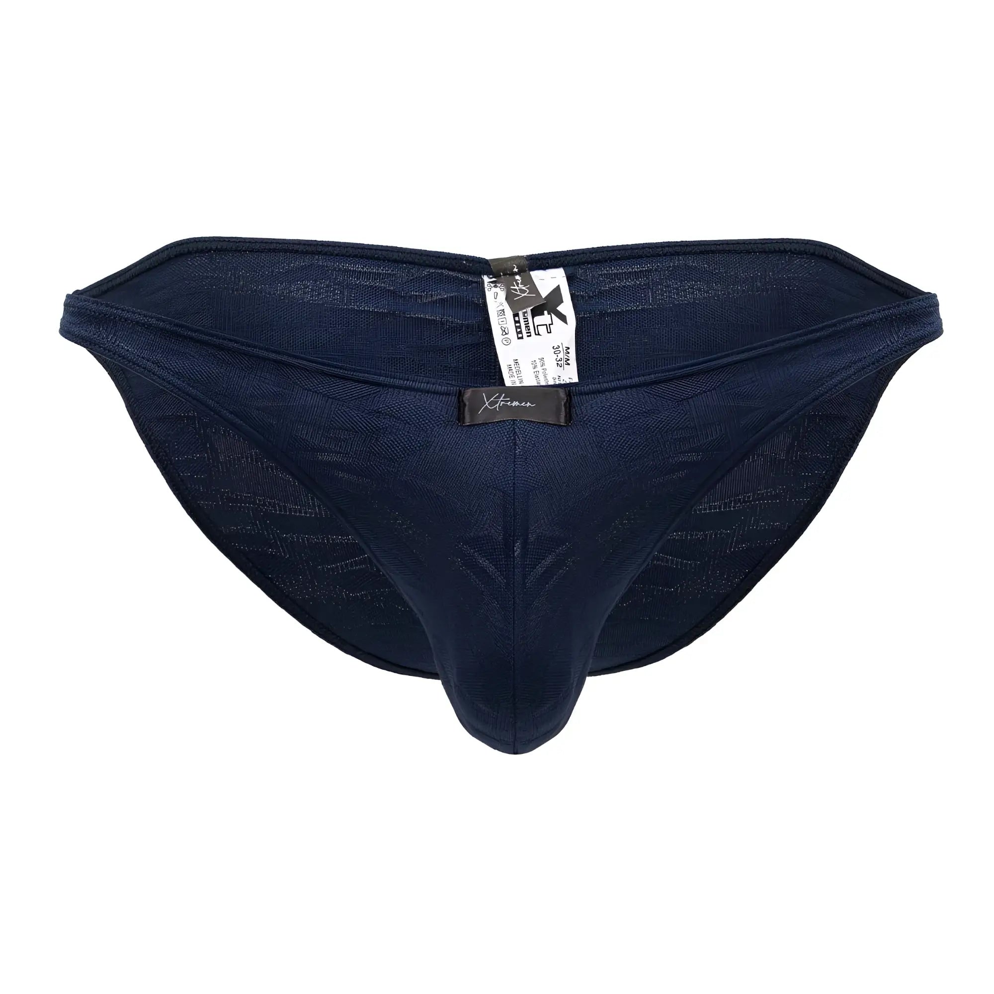 Navy blue textured jacquard bikini briefs with subtle pattern and branded tag at the back xtremen 91201 dark blue