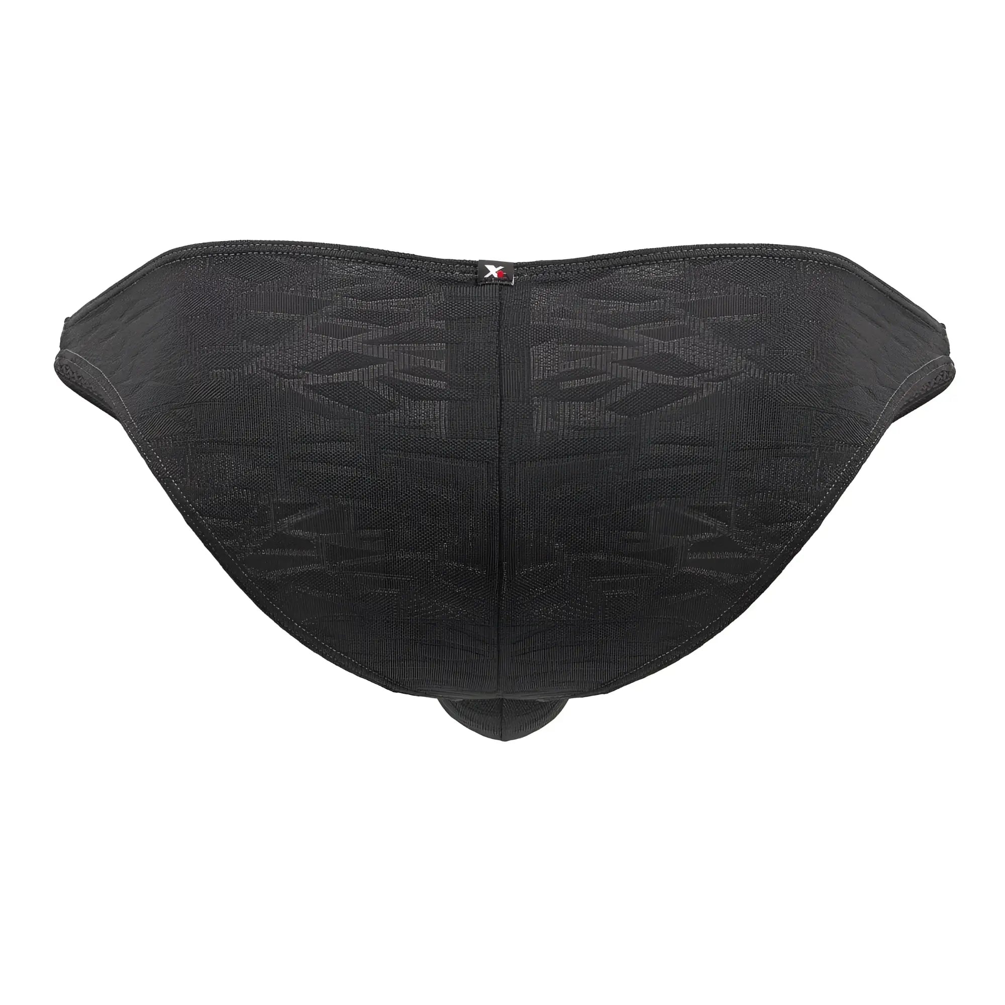Black textured jacquard bikini briefs in gray showing back side with subtle pattern and small red logo at center back