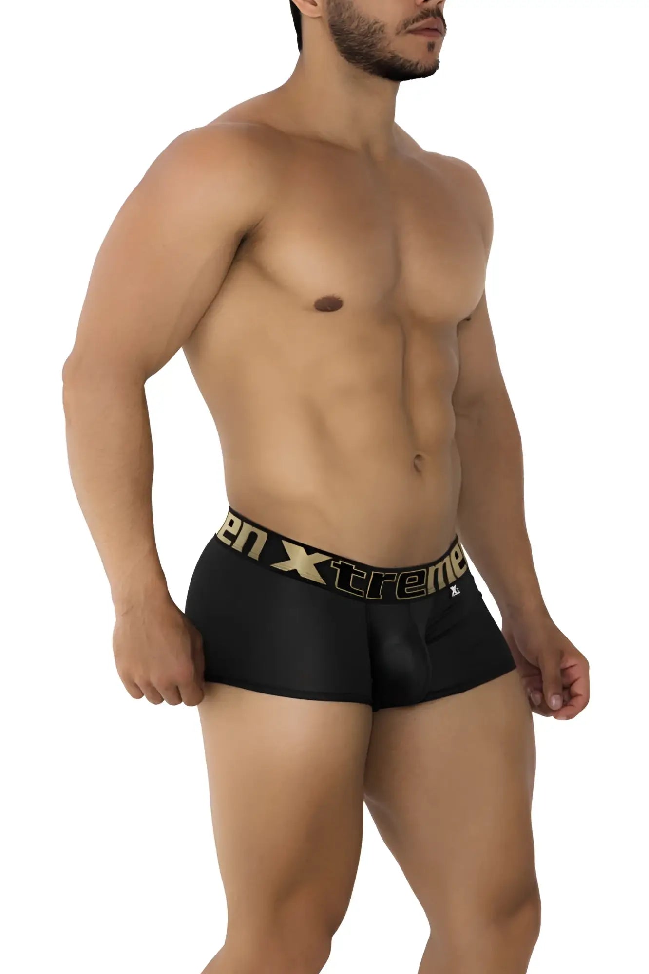 Black xtremen 91202 microfiber trunks for men featuring a gold xtreme waistband logo in front view