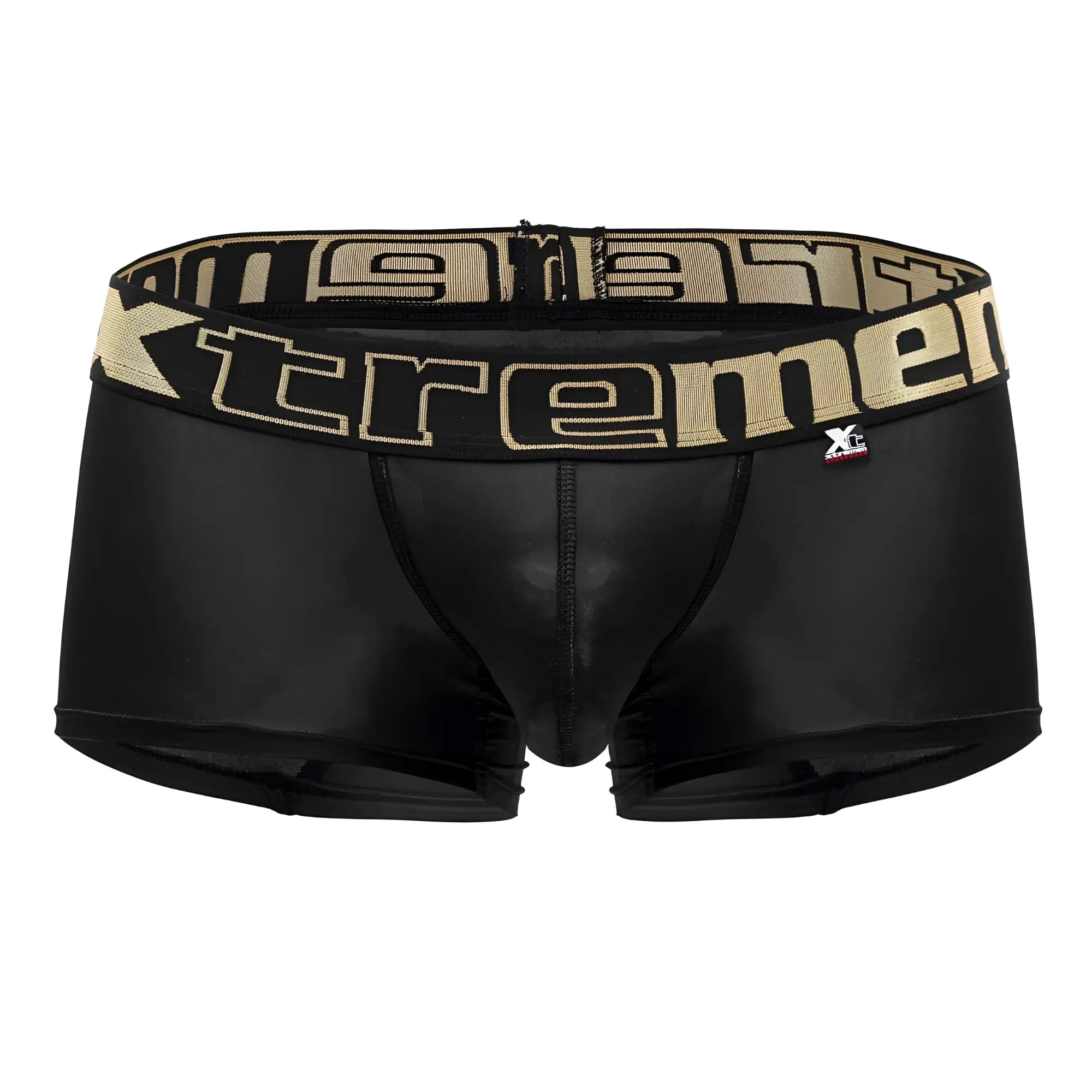 Black Xtremen 91202 microfiber trunks with shiny stretchy fabric and a bold beige Tremen logo band