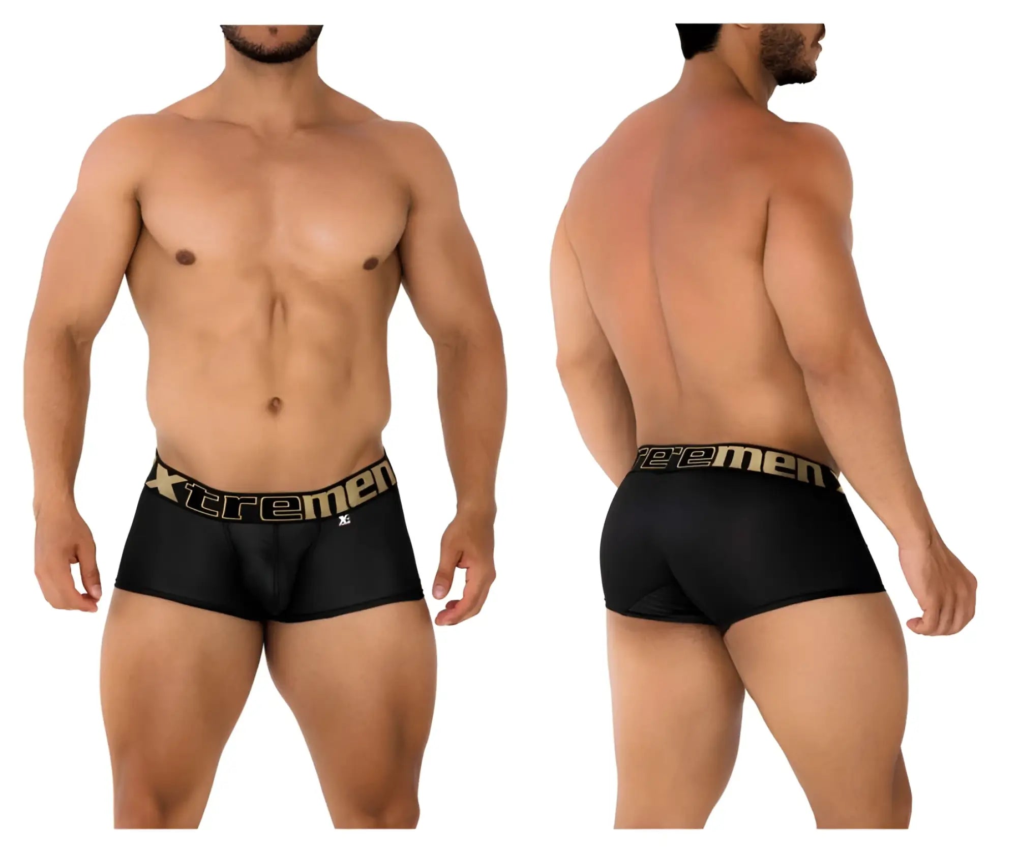 Black xtremen 91202 microfiber boxer briefs with gold lettering on the waistband for comfortable daily wear