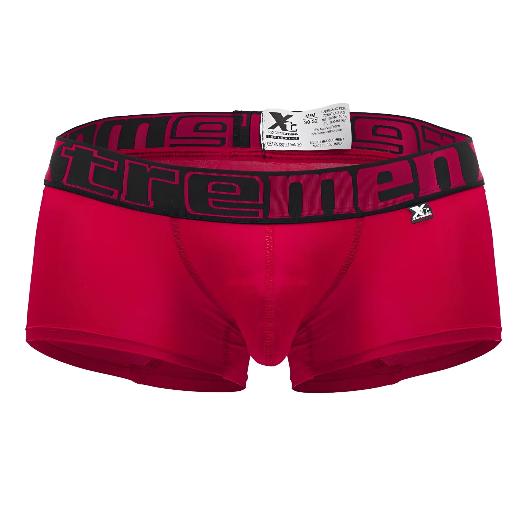 Red mens microfiber trunks in cherry color with black waistband featuring xtremen logo and xlc brand tag