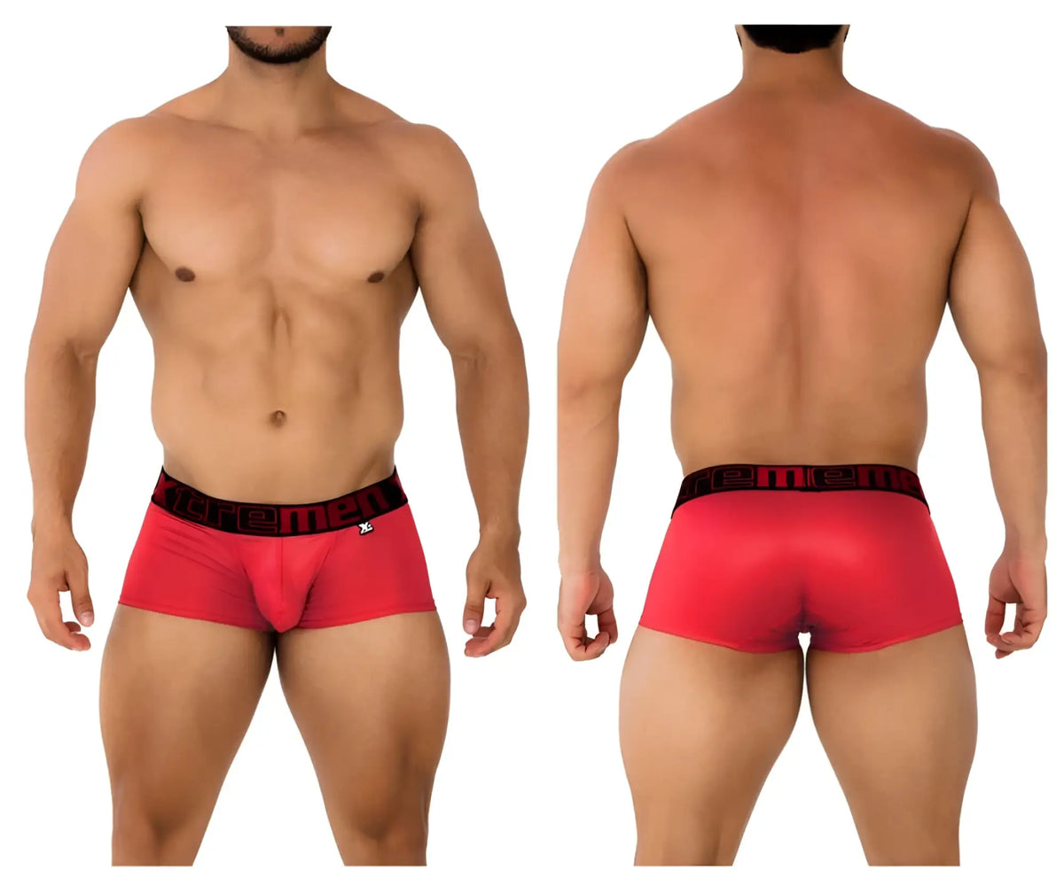 Xtremen 91202 microfiber cherry trunks with black waistband and men brand name in white lettering on red men’s briefs