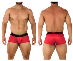 Xtremen 91202 microfiber cherry trunks with black waistband and men brand name in white lettering on red men’s briefs