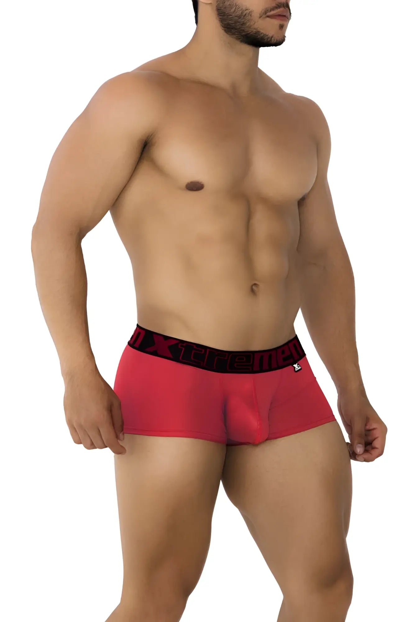 Xtremen 91202 microfiber trunks in cherry red with black elastic waistband and white lettering men’s briefs