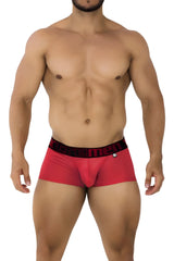 Red men’s microfiber boxer briefs in cherry with a black xtrememen waistband and x-shaped brand emblem